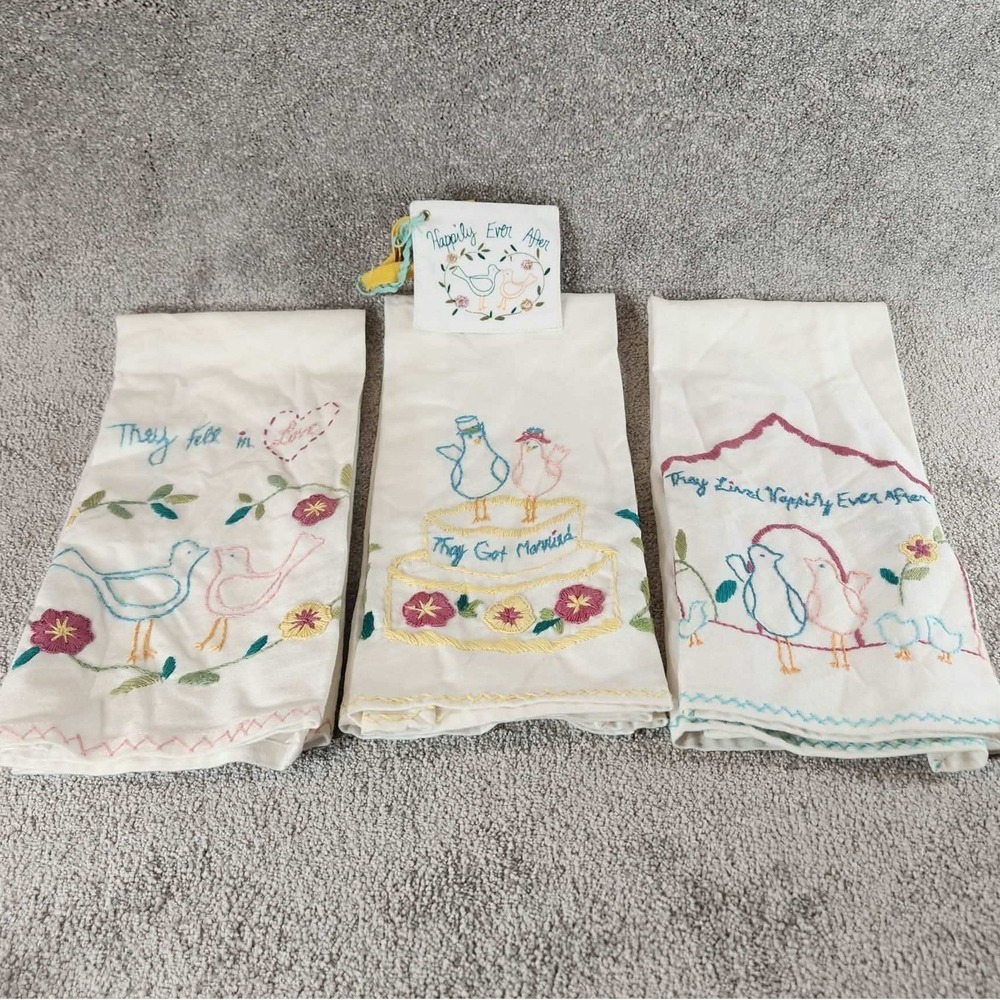 Anthropologie Tea Towels Cream Embroidered Bird Wedding Story Set of 3